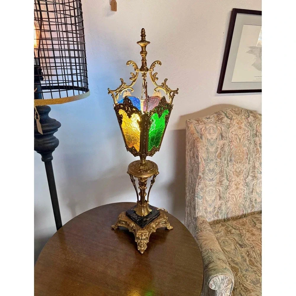 Antique Victorian Gothic Revival Stained Glass Torchiere Lantern Marble‎ Rare
